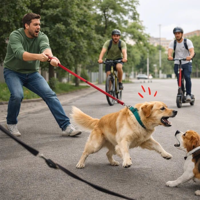 Cane agitato al guinzaglio in strada